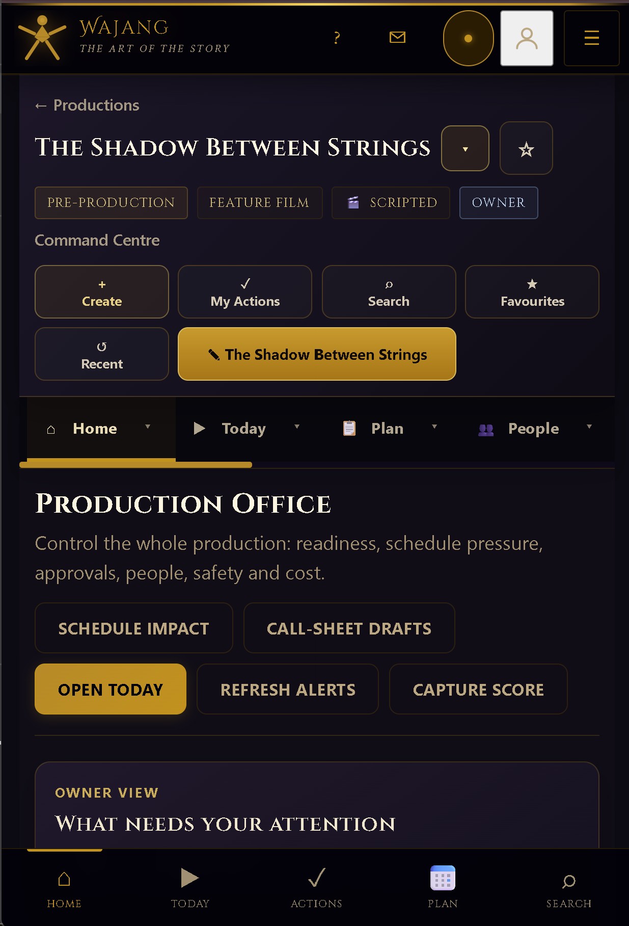 Wajang production workspace on mobile